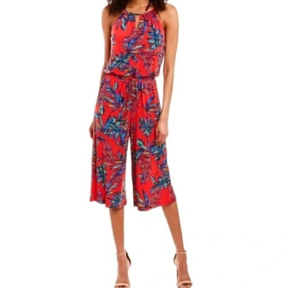 {London Times} Red Tropical Jungle Palm Leaf Print Cropped Sleeveless Jumpsuit
